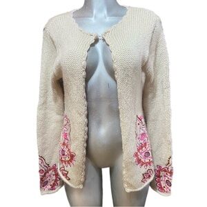 Friponne Wool Open Knit Cardigan Sweater Floral Embroidery Coastal Grandma Sz M